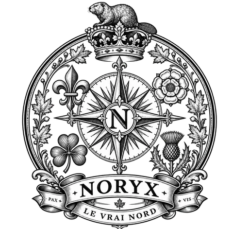 The Noryx Systems crest: a compass rose bearing the letter N beneath a crown, framed by maple leaves, with the motto Le Vrai Nord.